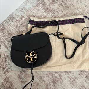 Tory Burch Black Leather Saddle Crossbody with Gold Logo Medallion